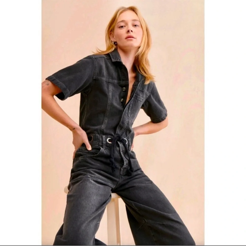 Free People Edison Black Denim Jumpsuit Coveralls Moxie - Picture 7 of 10